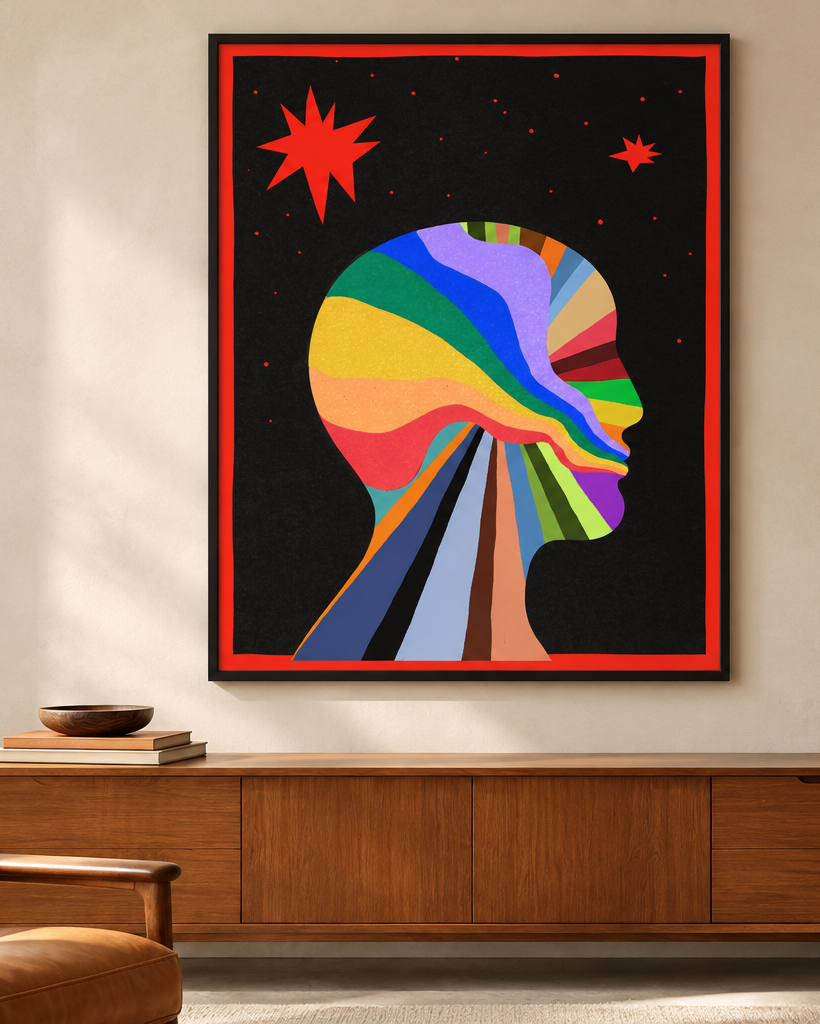 Red artwork in a modern-retro interior