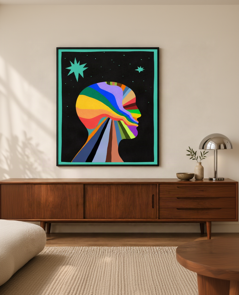 Turquoise artwork in a modern-retro living room