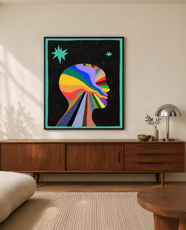 Turquoise artwork in a modern-retro living room